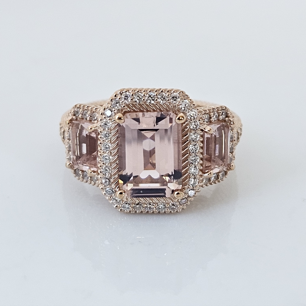 Judith Ripka Morganite & Diamond Simulant Ring 18k RG Sterling Silver Sz 7.5 New